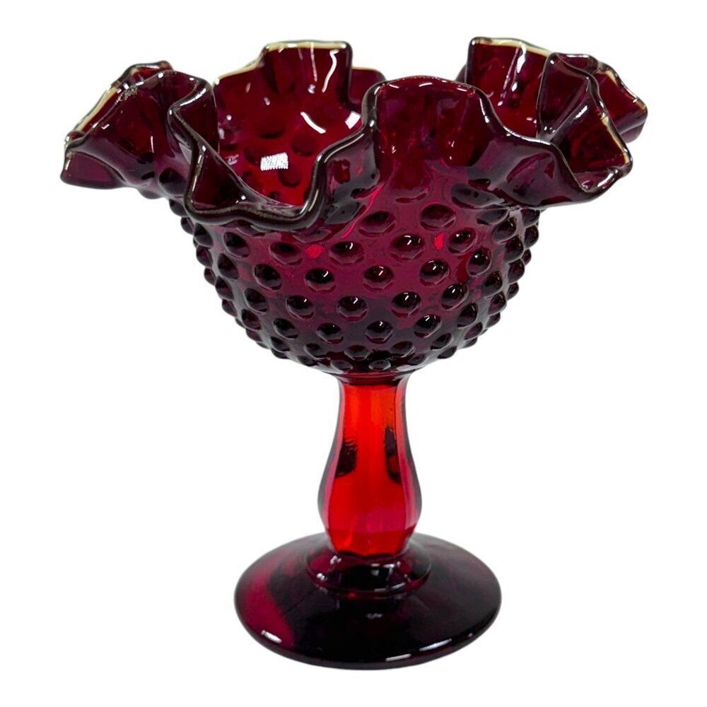 Vtg Fenton Ruby Red Amberina Gold Crested Ruffled Hobnail Compote 6" Candy Dish